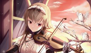 Preview wallpaper girl, maid, violin, birds, anime, art