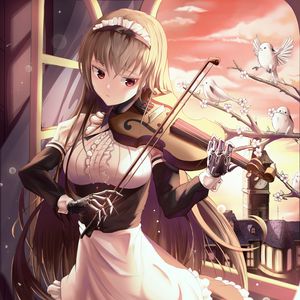Preview wallpaper girl, maid, violin, birds, anime, art