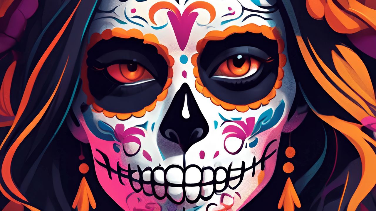 Wallpaper girl, makeup, skull, skeleton, day of the dead, art