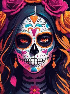 Preview wallpaper girl, makeup, skull, skeleton, day of the dead, art