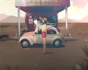 Preview wallpaper girl, map, car, travel, art