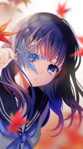 Preview wallpaper girl, maple, leaves, anime