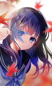 Preview wallpaper girl, maple, leaves, anime