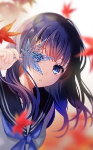 Preview wallpaper girl, maple, leaves, anime