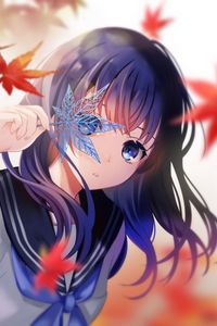 Preview wallpaper girl, maple, leaves, anime