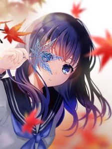 Preview wallpaper girl, maple, leaves, anime