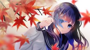 Preview wallpaper girl, maple, leaves, anime