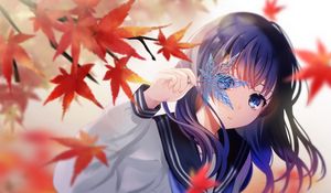 Preview wallpaper girl, maple, leaves, anime