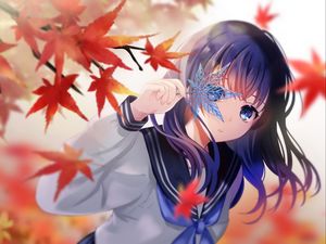 Preview wallpaper girl, maple, leaves, anime