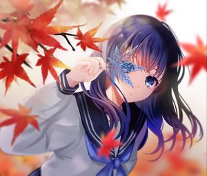 Preview wallpaper girl, maple, leaves, anime
