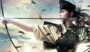 Preview wallpaper girl, marksman, weapon, feathers