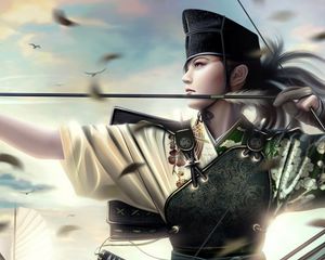 Preview wallpaper girl, marksman, weapon, feathers