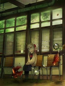 Preview wallpaper girl, mask, chairs, anime, art