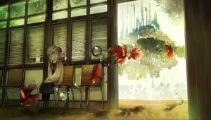 Preview wallpaper girl, mask, chairs, anime, art