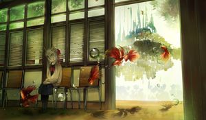 Preview wallpaper girl, mask, chairs, anime, art