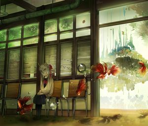 Preview wallpaper girl, mask, chairs, anime, art