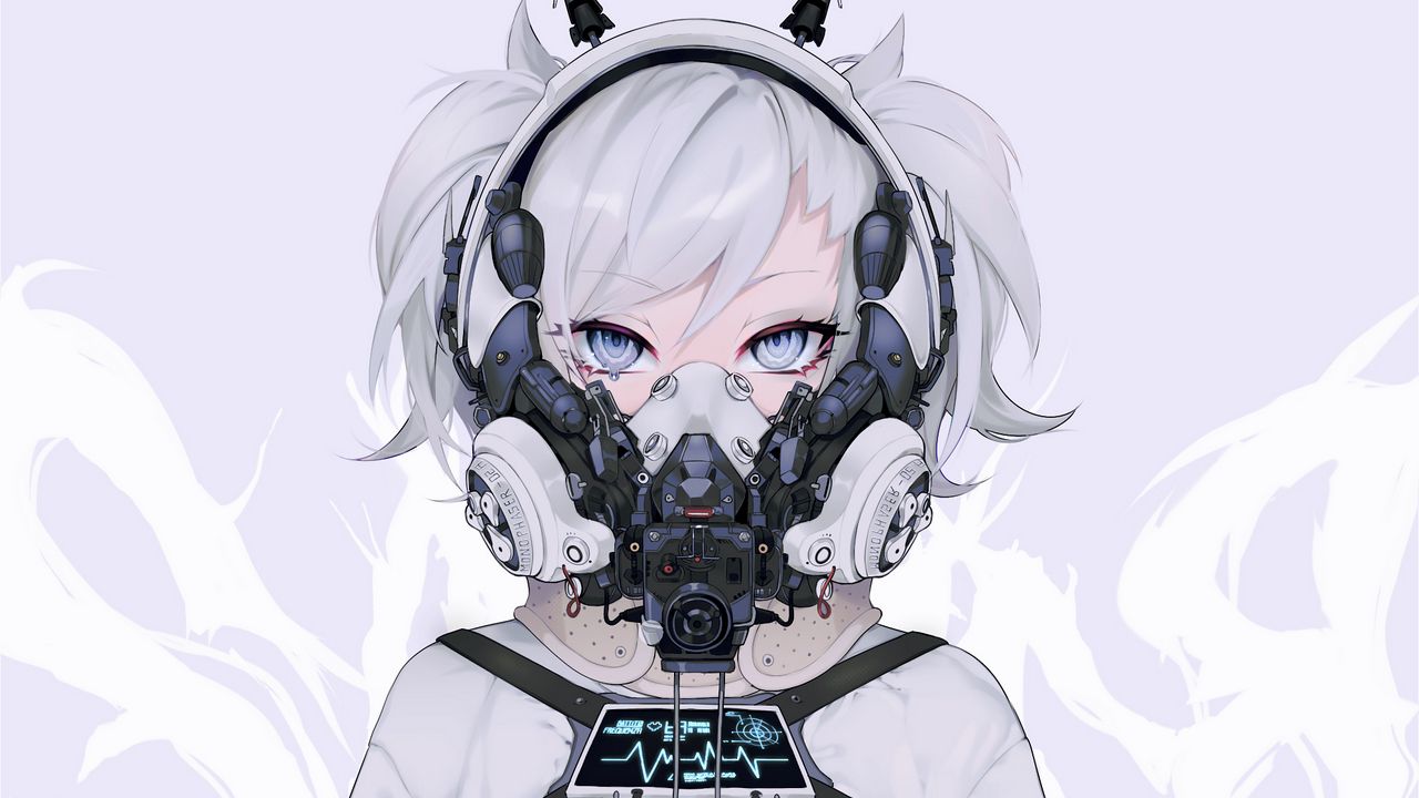 Wallpaper girl, mask, cyborg, white, anime