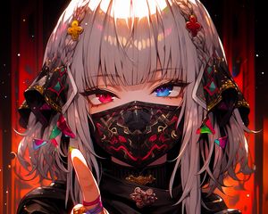 Preview wallpaper girl, mask, gesture, jewelry, heterochromia, anime, art