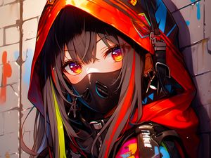 Preview wallpaper girl, mask, hood, bright, anime, art