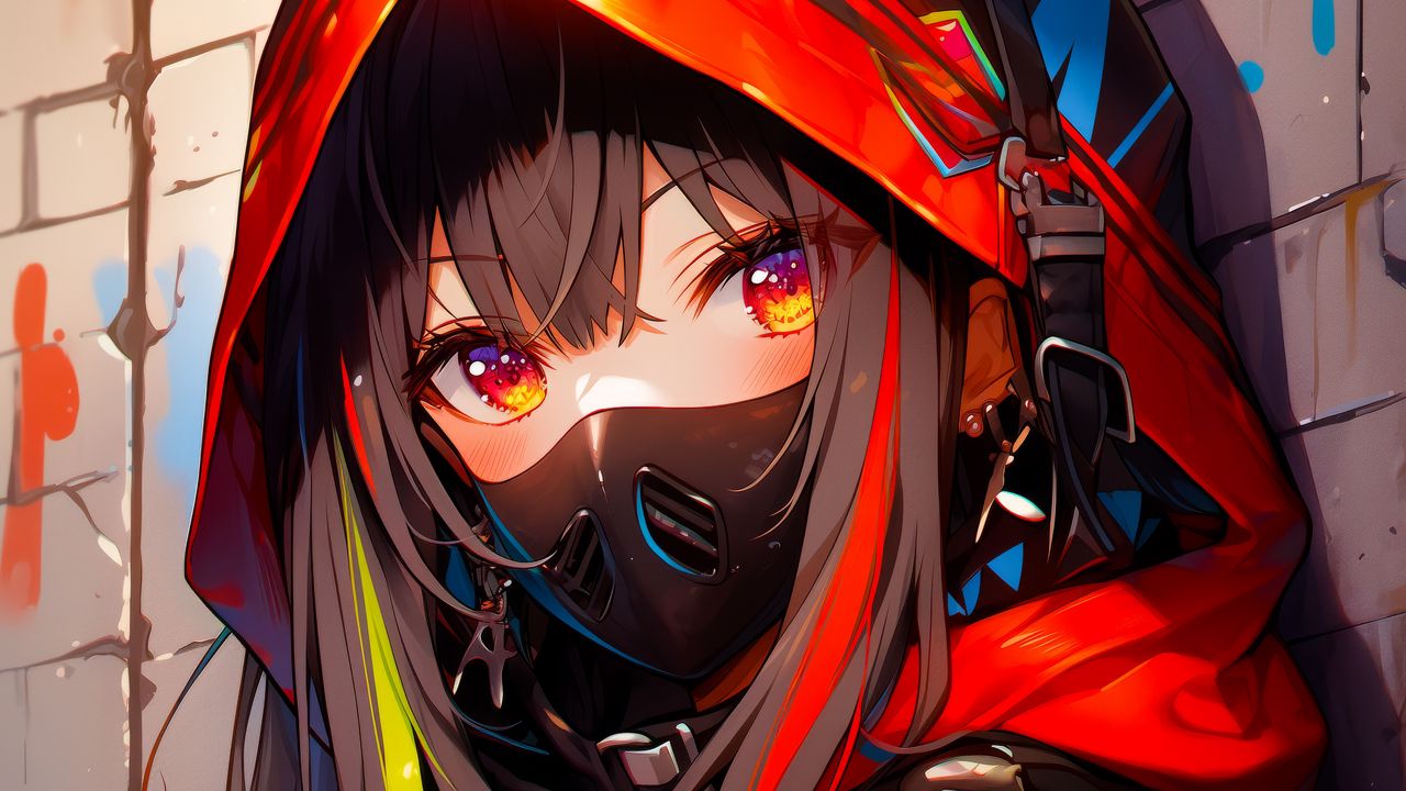 Wallpaper girl, mask, hood, art, bright, anime