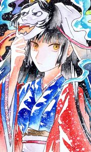 Preview wallpaper girl, mask, kimono, watercolor, anime