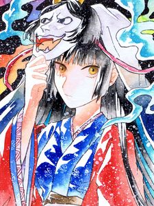 Preview wallpaper girl, mask, kimono, watercolor, anime