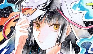 Preview wallpaper girl, mask, kimono, watercolor, anime