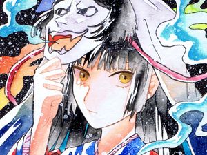 Preview wallpaper girl, mask, kimono, watercolor, anime