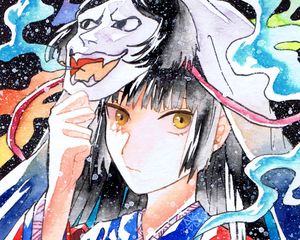 Preview wallpaper girl, mask, kimono, watercolor, anime