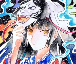 Preview wallpaper girl, mask, kimono, watercolor, anime