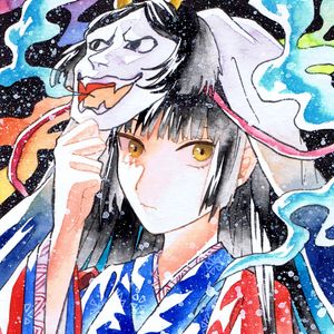 Preview wallpaper girl, mask, kimono, watercolor, anime