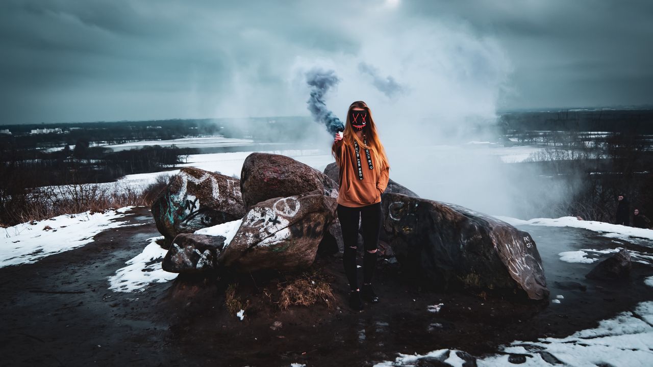Wallpaper girl, mask, smoke, smoke bomb, stones hd, picture, image