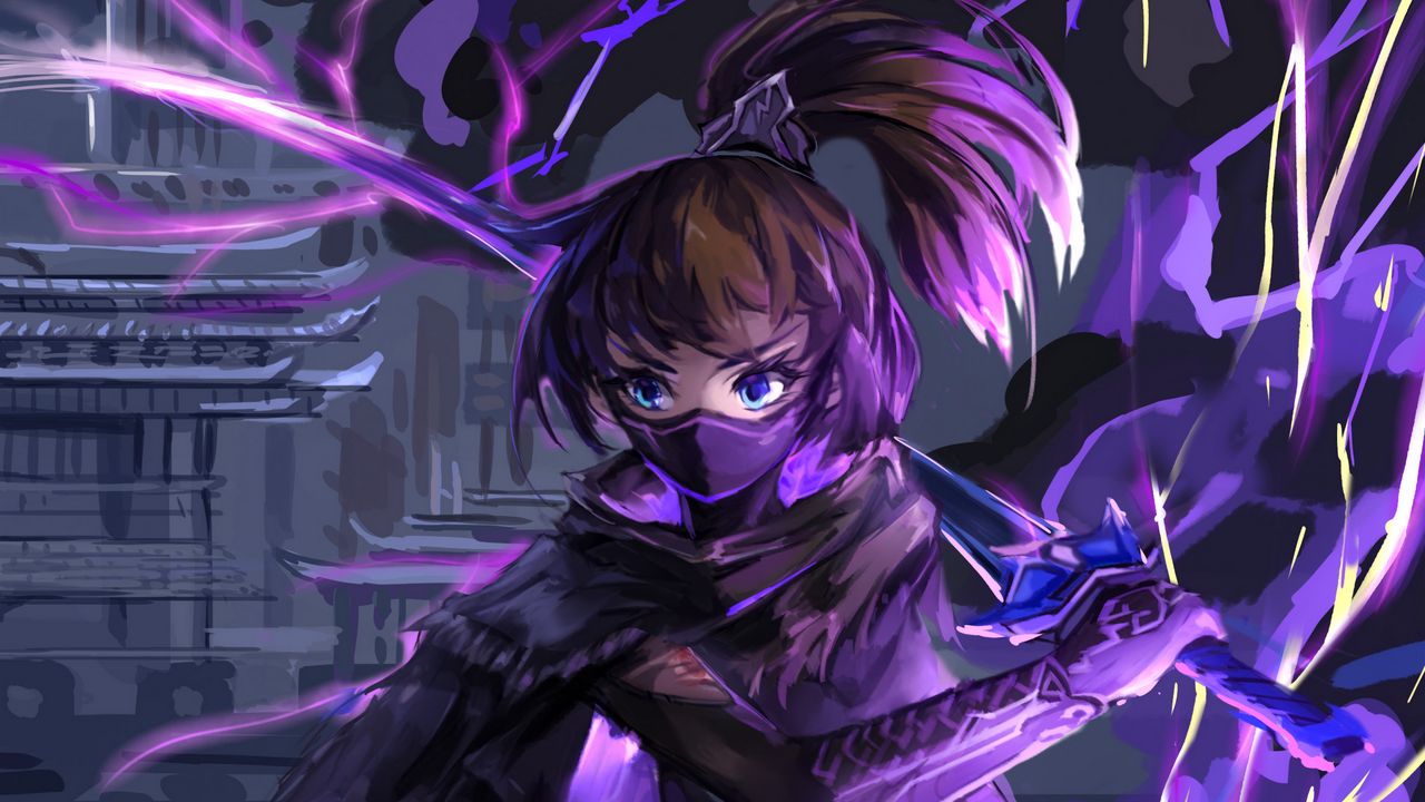 Wallpaper girl, mask, warrior, ninja, anime, art, purple