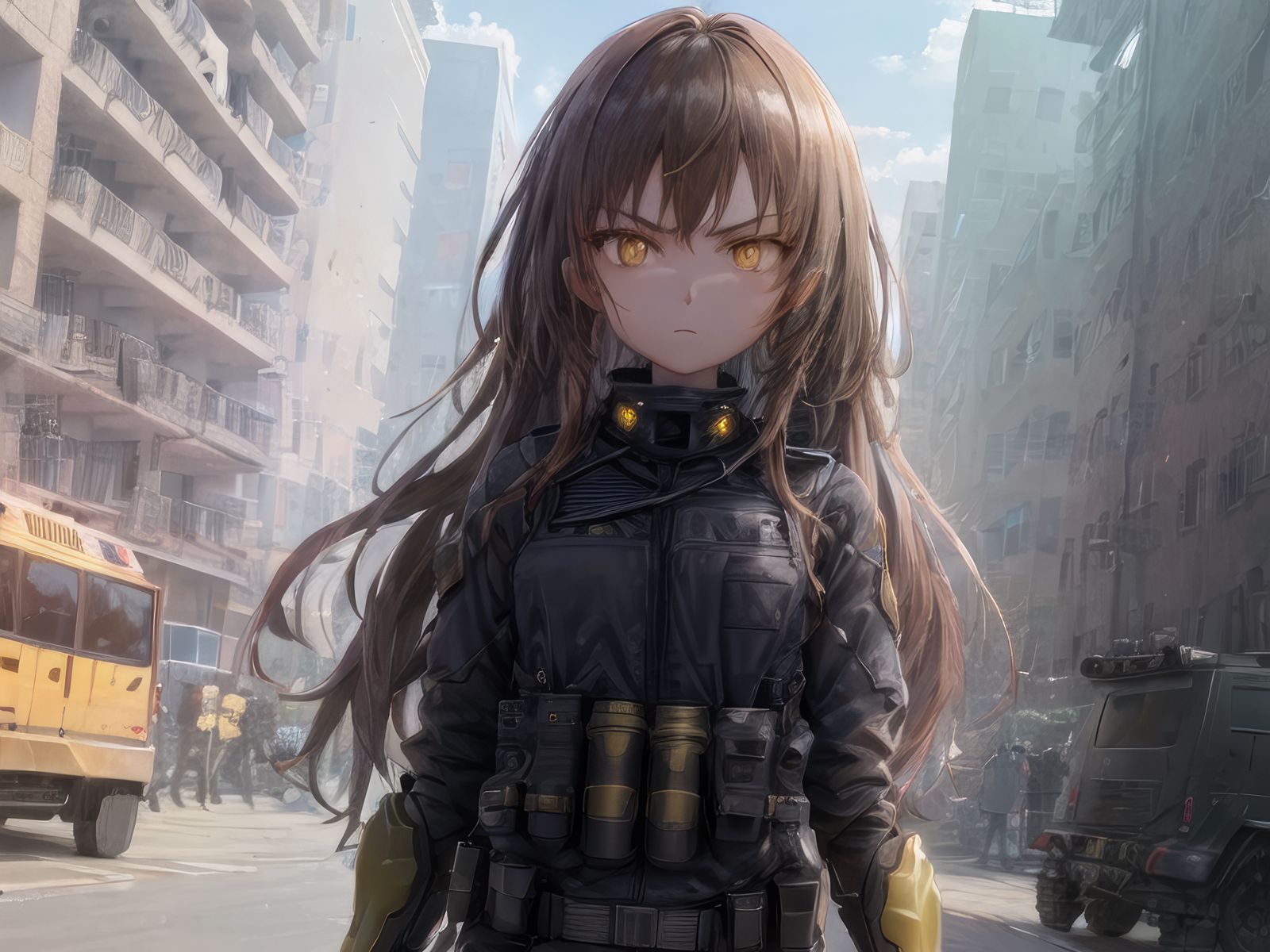 1600x1200 Wallpaper girl, military, weapons, anime
