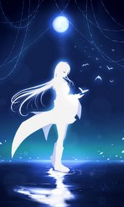 Preview wallpaper girl, moon, art, birds, reflection, white