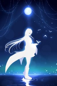 Preview wallpaper girl, moon, art, birds, reflection, white