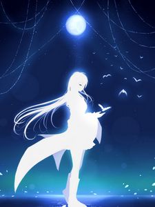 Preview wallpaper girl, moon, art, birds, reflection, white