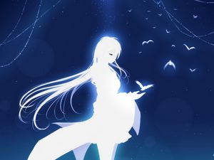 Preview wallpaper girl, moon, art, birds, reflection, white