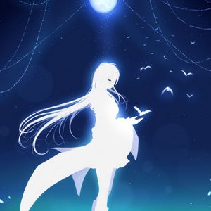 Preview wallpaper girl, moon, art, birds, reflection, white
