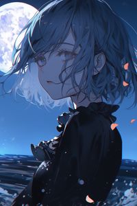 Preview wallpaper girl, moon, sea, anime, art