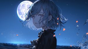 Preview wallpaper girl, moon, sea, anime, art
