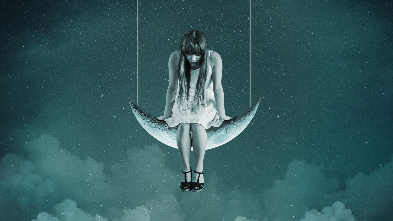 Wallpaper girl, moon, sky, swing, photoshop