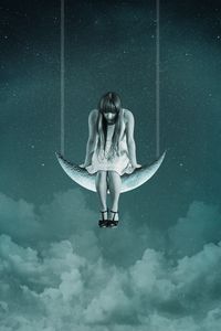 Preview wallpaper girl, moon, sky, swing, photoshop