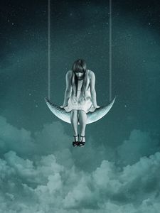 Preview wallpaper girl, moon, sky, swing, photoshop