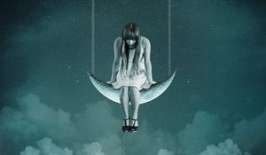 Preview wallpaper girl, moon, sky, swing, photoshop