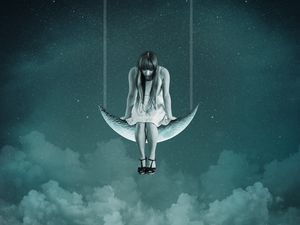 Preview wallpaper girl, moon, sky, swing, photoshop