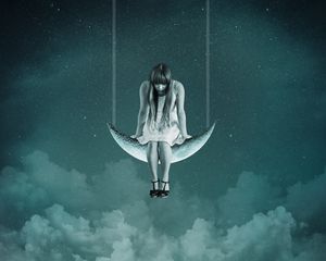 Preview wallpaper girl, moon, sky, swing, photoshop