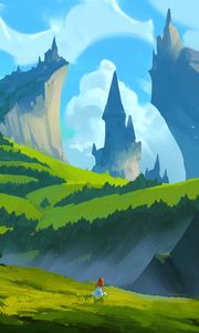 Preview wallpaper girl, mountains, castle, fantasy, art