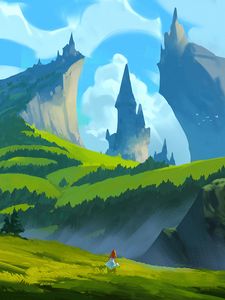 Preview wallpaper girl, mountains, castle, fantasy, art