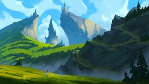 Preview wallpaper girl, mountains, castle, fantasy, art